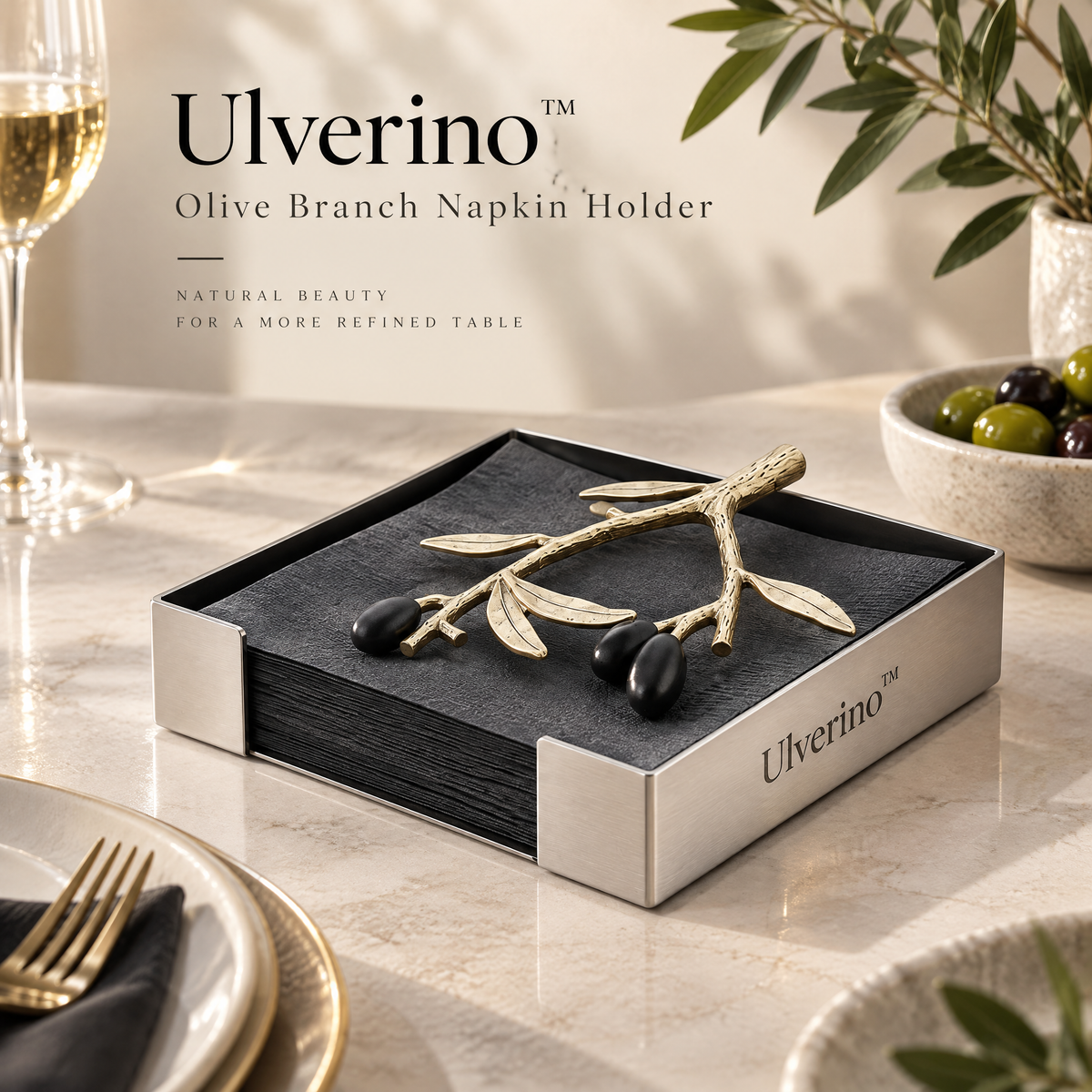 Ulverino™ Gilded Olive Branch Tray Napkin Holder