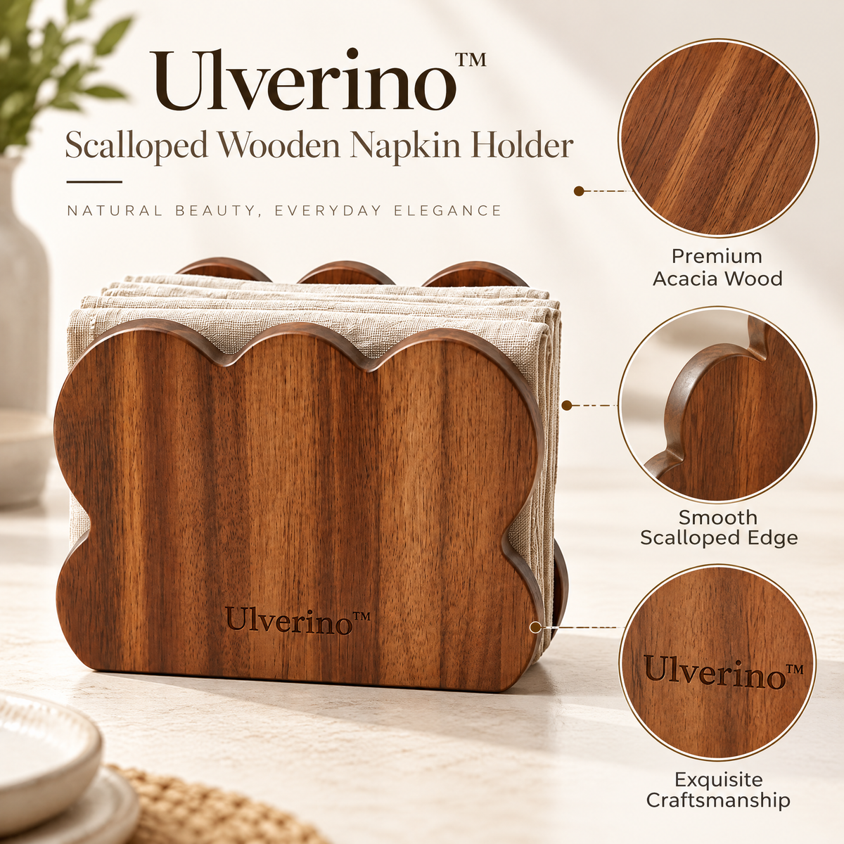 Ulverino™ Scalloped Acacia Wood Napkin Holder