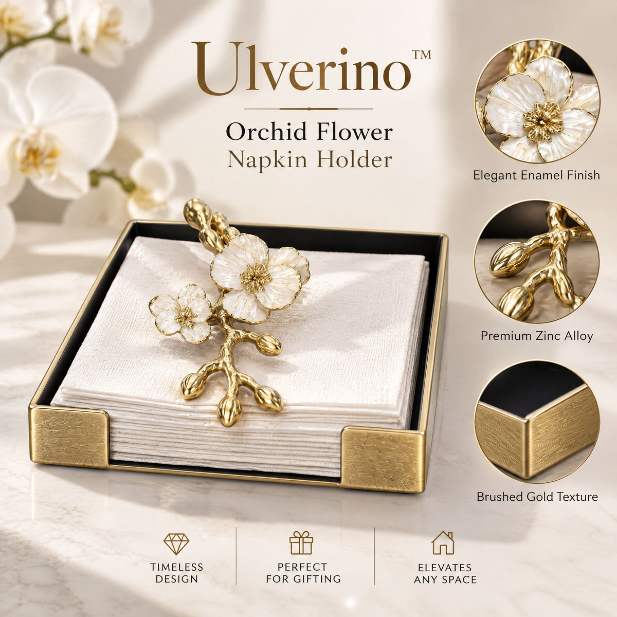 Ulverino™ Gilded Orchid Blossom Tray Napkin Holder