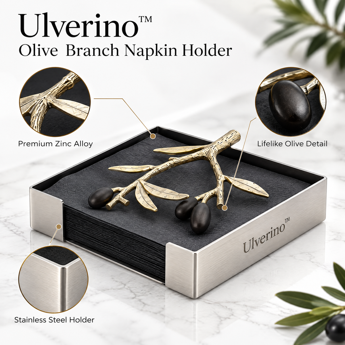 Ulverino™ Gilded Olive Branch Tray Napkin Holder