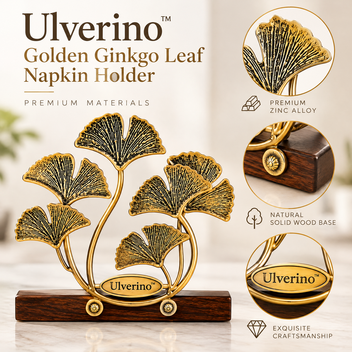 Ulverino™ Gilded Ginkgo Grove Sculptural Napkin Holder